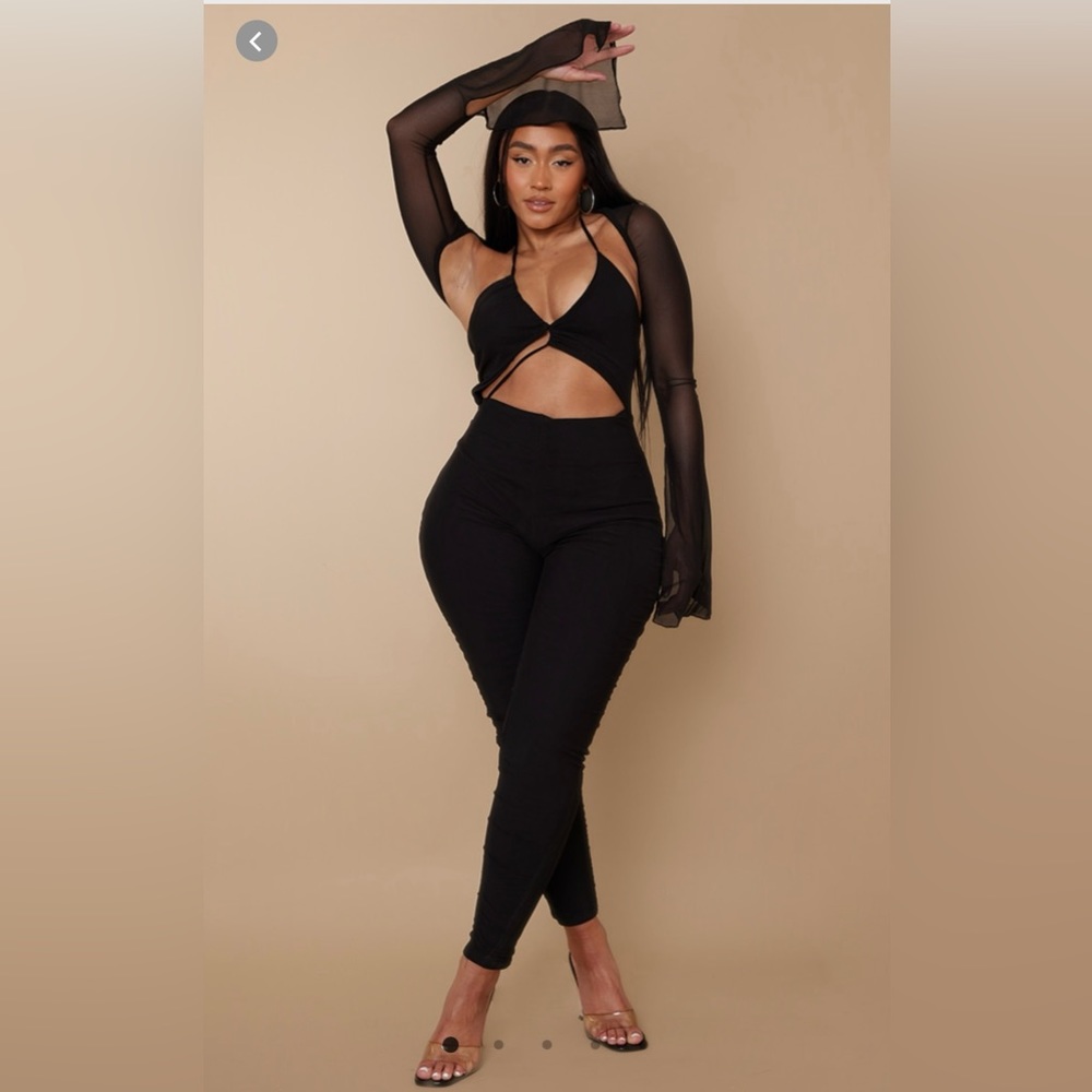 Shape black mesh lace up detail overlay jumpsuit